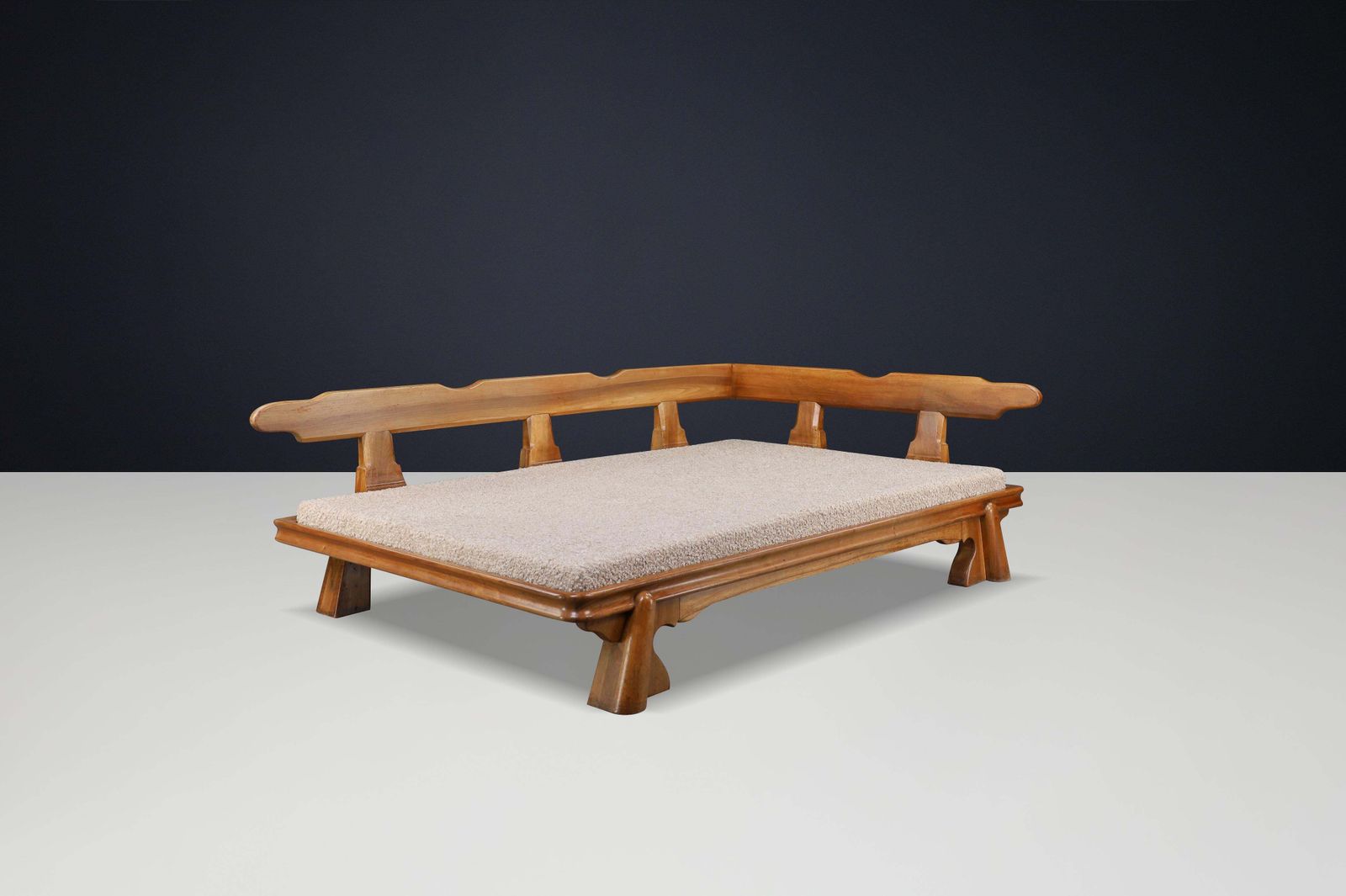 photo buy Monumental French Brutalist Walnut Daybed, Sculptural With Bouclé Upholstery.