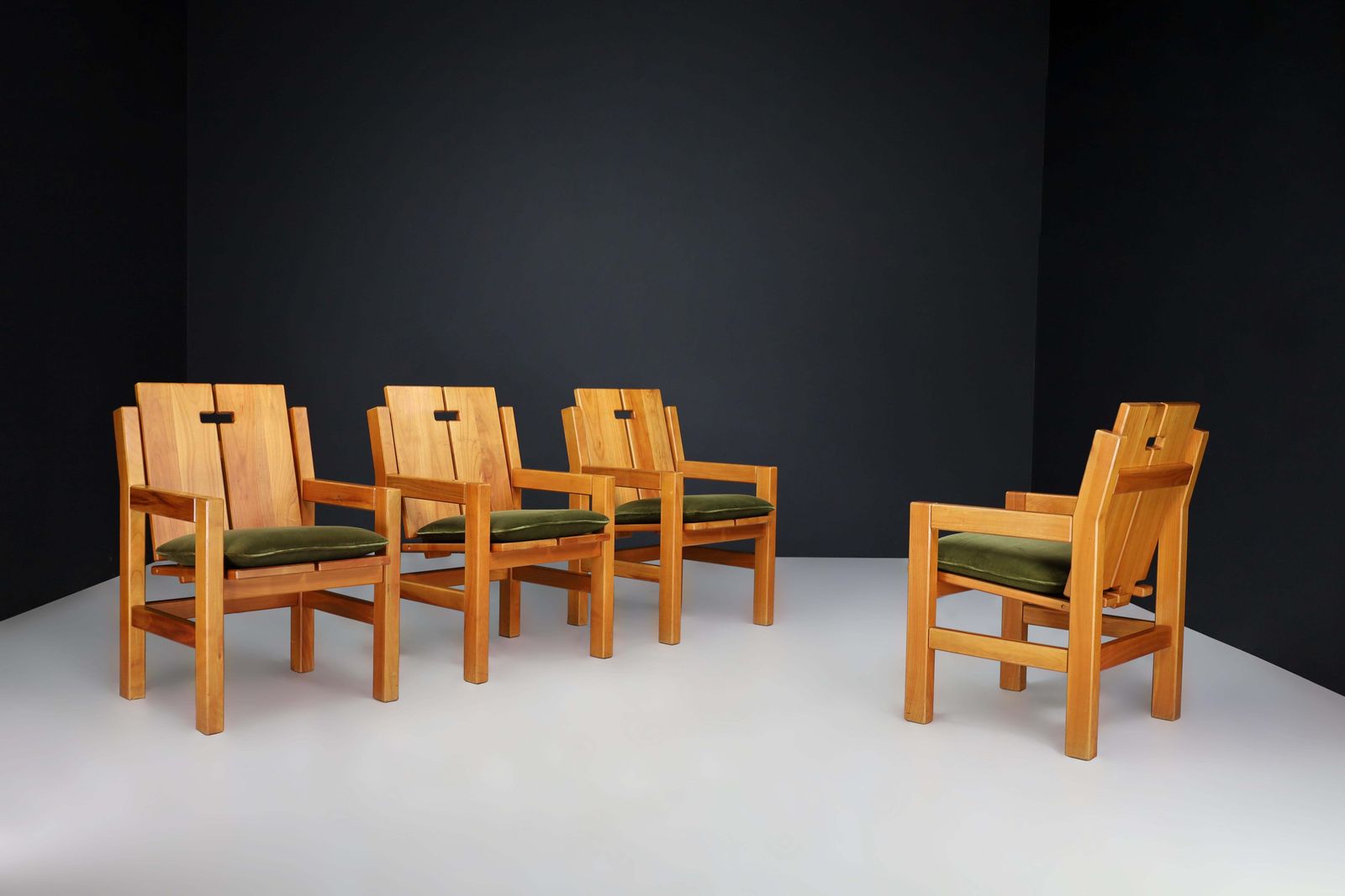 Mid Century Modern Elm Armchairs With Green Velvet Upholstery, France 1970s photo for sale