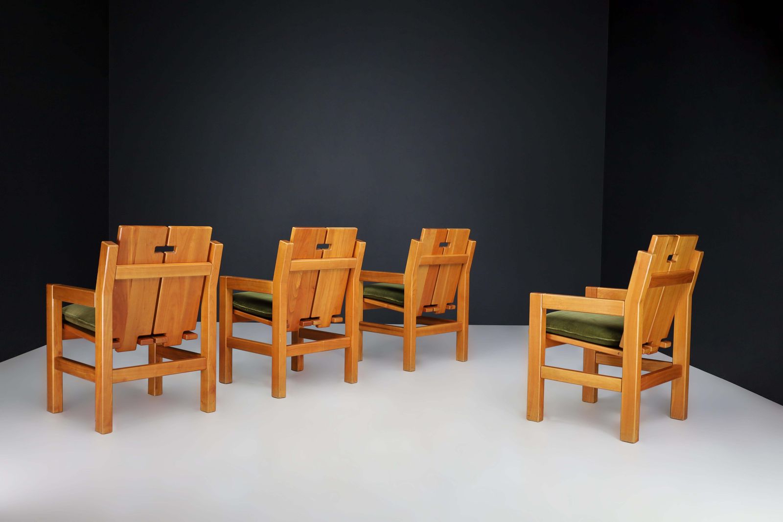 Mid Century Modern Elm Armchairs With Green Velvet Upholstery, France 1970s photo Furniture
