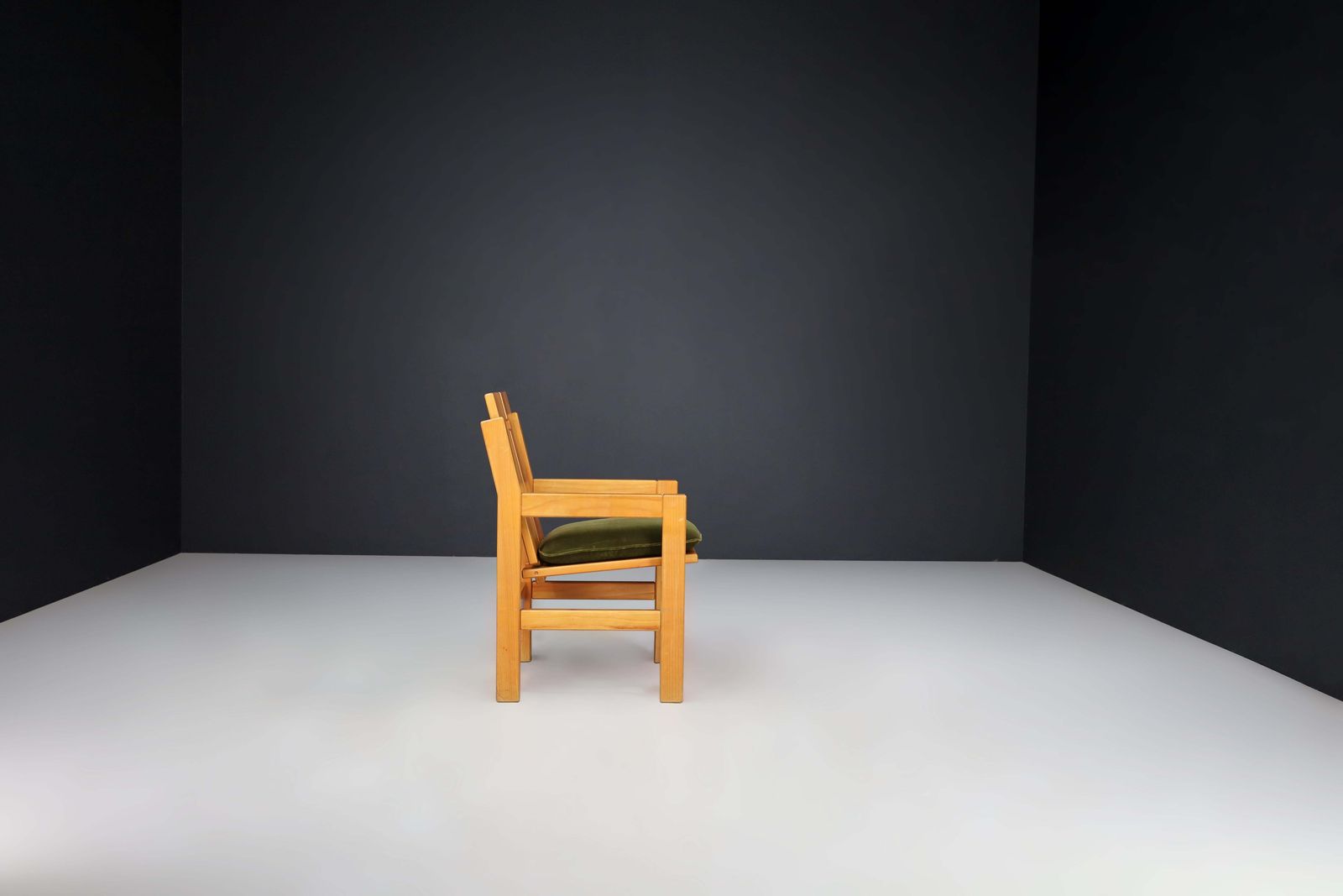 Furniture Mid Century Modern Elm Armchairs With Green Velvet Upholstery, France 1970s photo