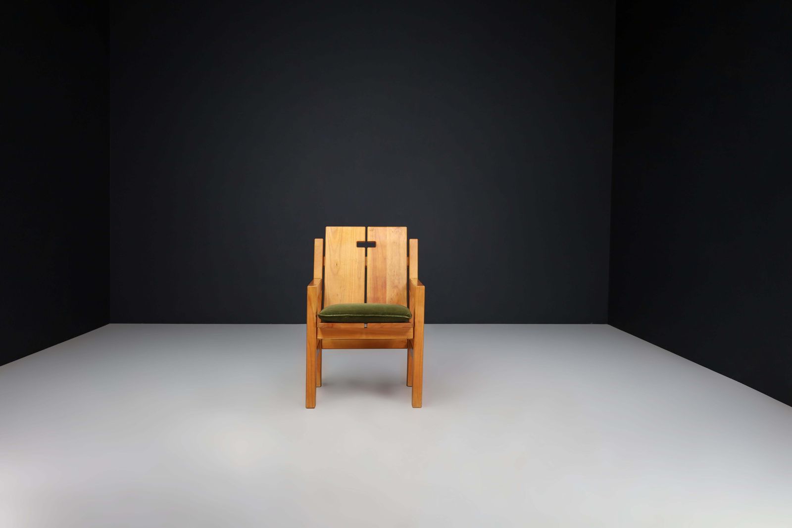 1268.0 Mid Century Modern Elm Armchairs With Green Velvet Upholstery, France 1970s photo
