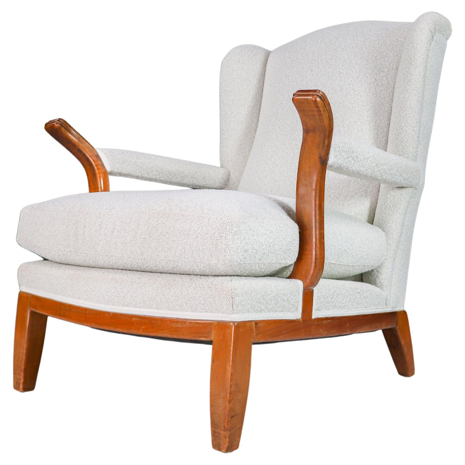 Large Wingback Chair In Walnut And New Bouclé Fabric, France, 1930s