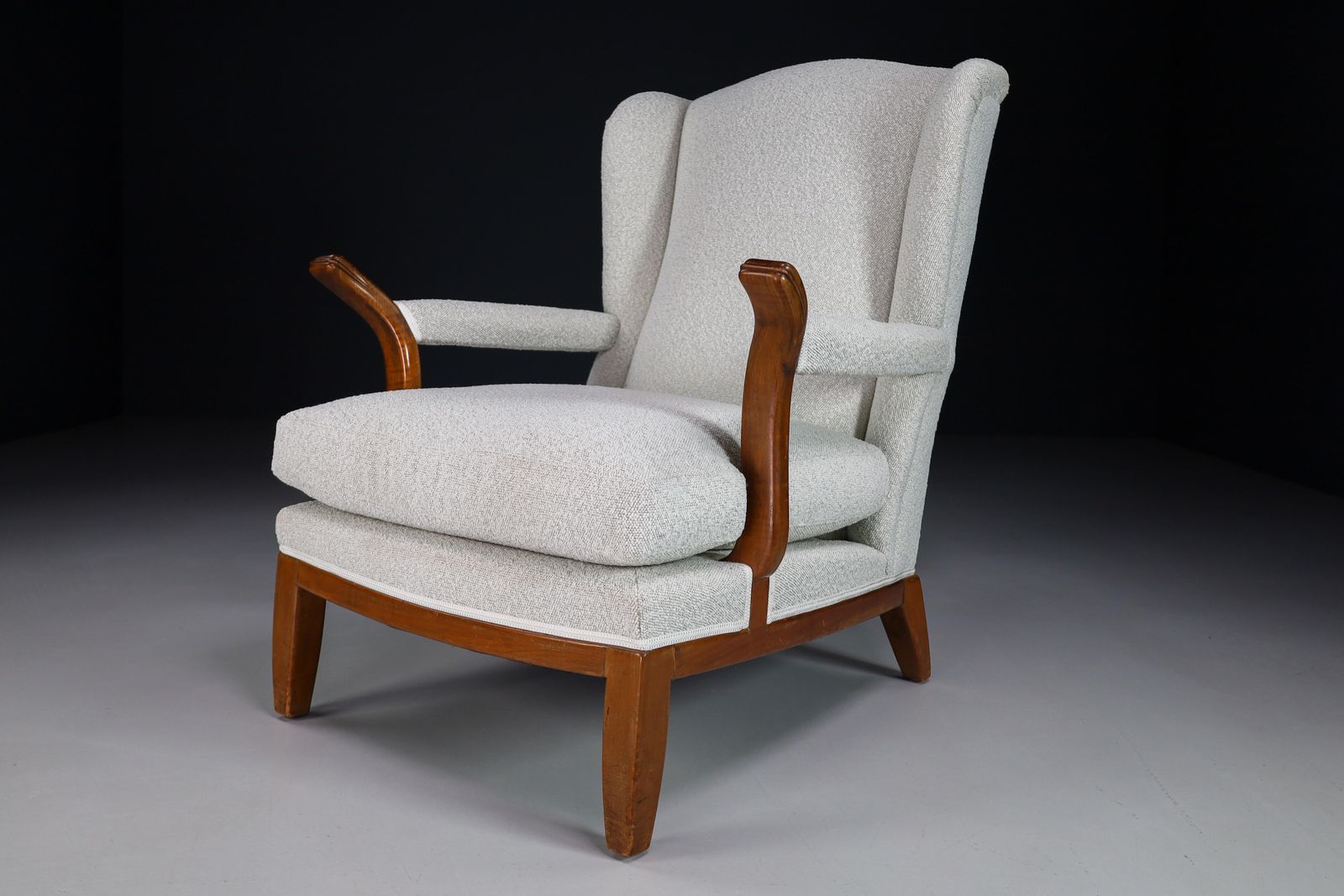 Large Wingback Chair In Walnut And New Bouclé Fabric, France, 1930s photo furniture
