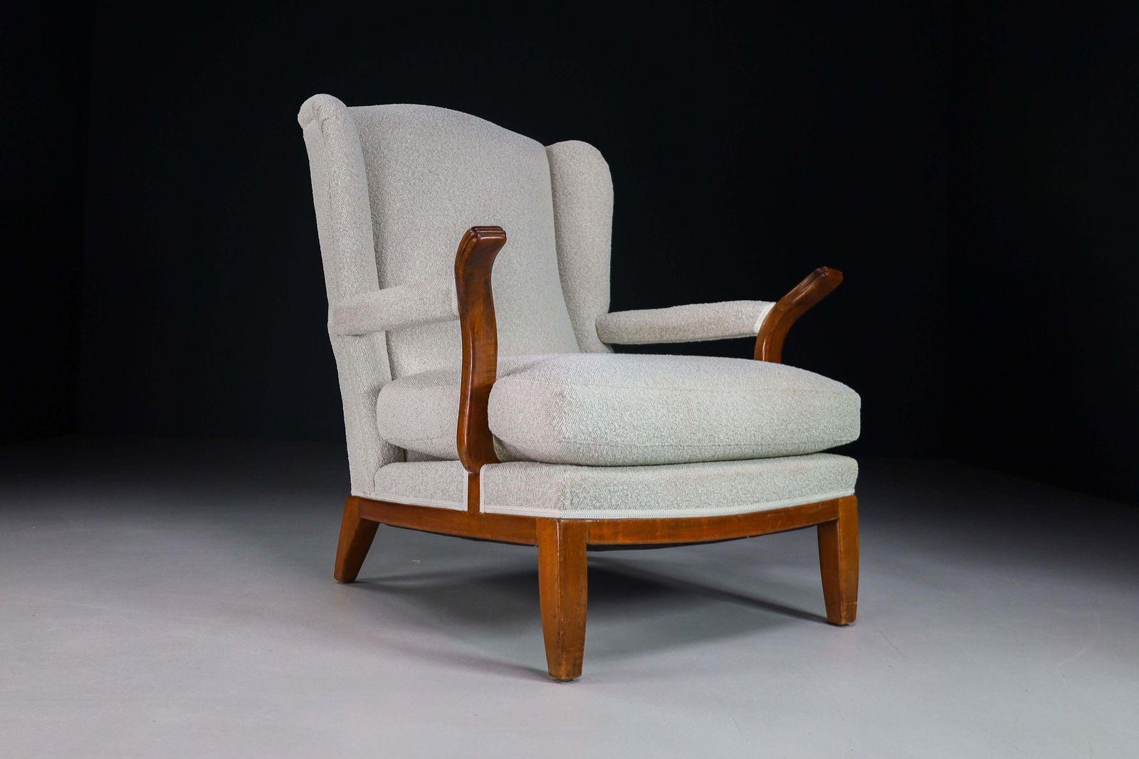 Large Wingback Chair In Walnut And New Bouclé Fabric, France, 1930s photo vintage