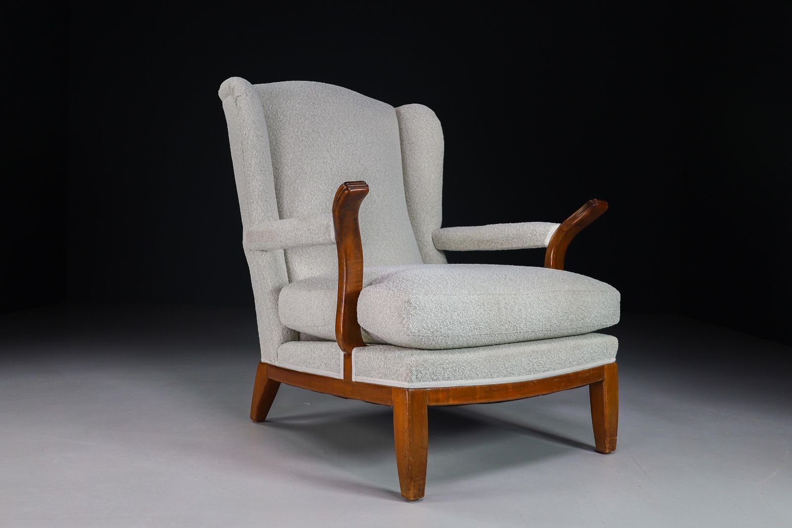 photo furniture Large Wingback Chair In Walnut And New Bouclé Fabric, France, 1930s