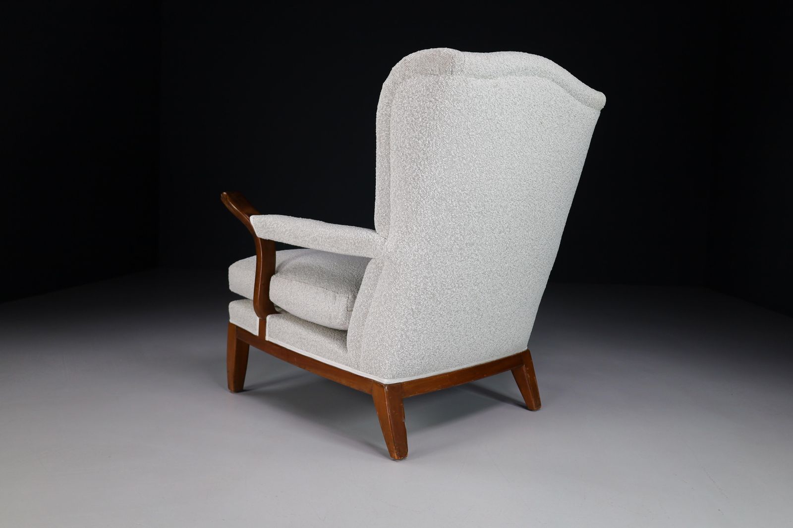 Furniture Large Wingback Chair In Walnut And New Bouclé Fabric, France, 1930s photo