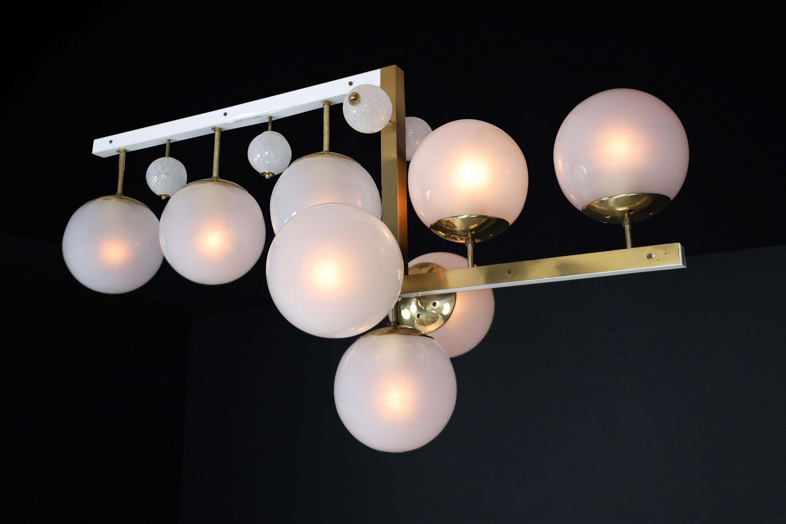 Mid Century Modern Brass And Frosted Glass Chandelier, Prague, 1960s photo furniture