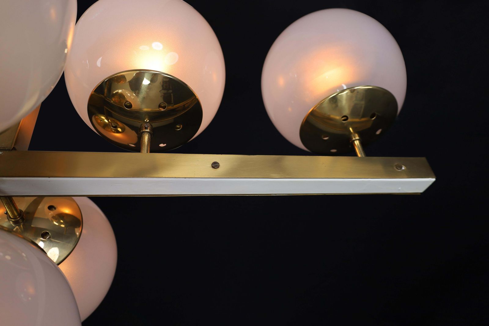 photo for sale Mid Century Modern Brass And Frosted Glass Chandelier, Prague, 1960s