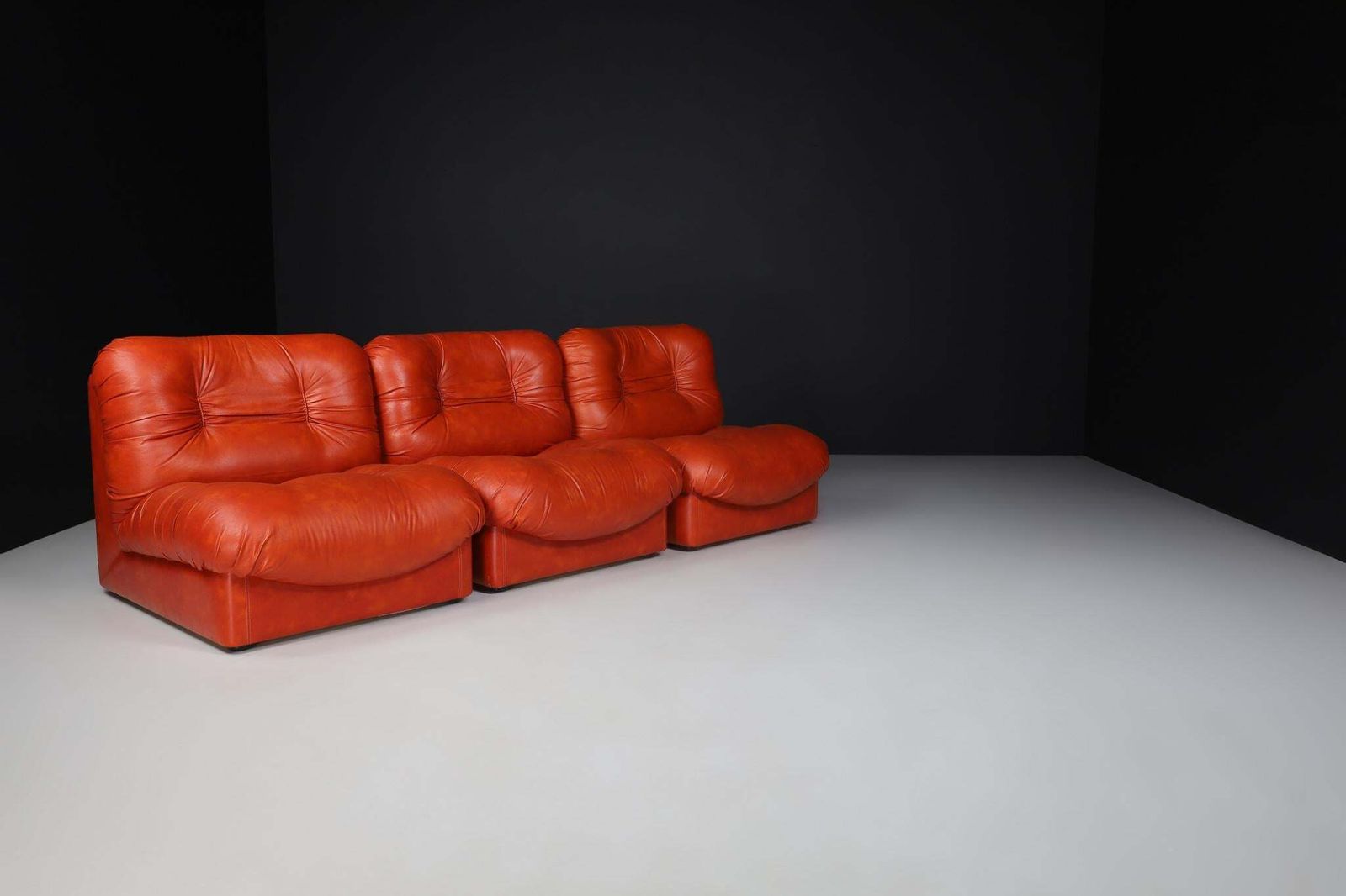Set Of Four Red Leather Mid Century Lounge Chairs, Sofa , Italy 1970 photo Furniture