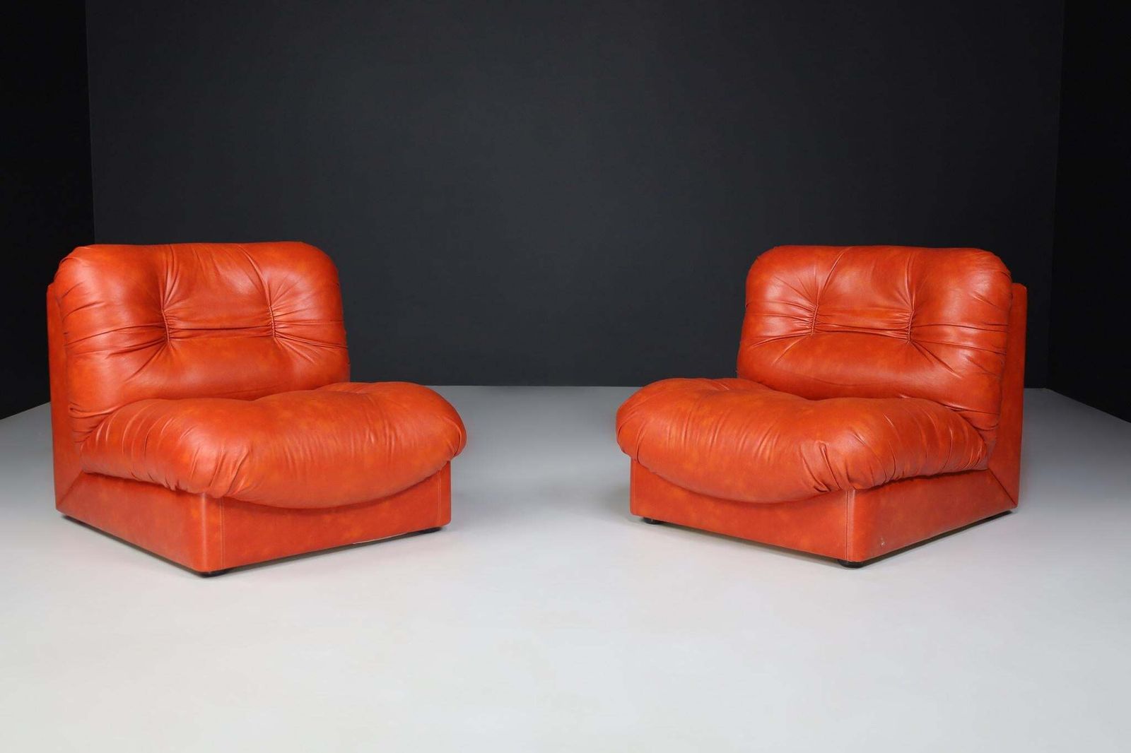 Furniture Set Of Four Red Leather Mid Century Lounge Chairs, Sofa , Italy 1970 photo