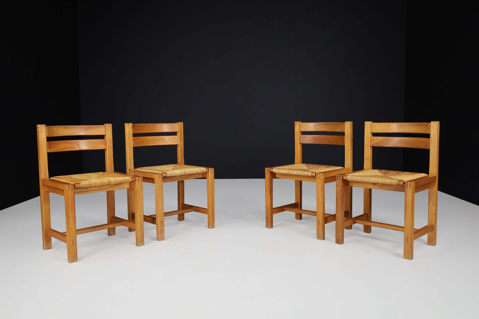Set Of 4 Mid Century Modern Elm And Rush Dining Chairs By Maison Regain, France photo furniture