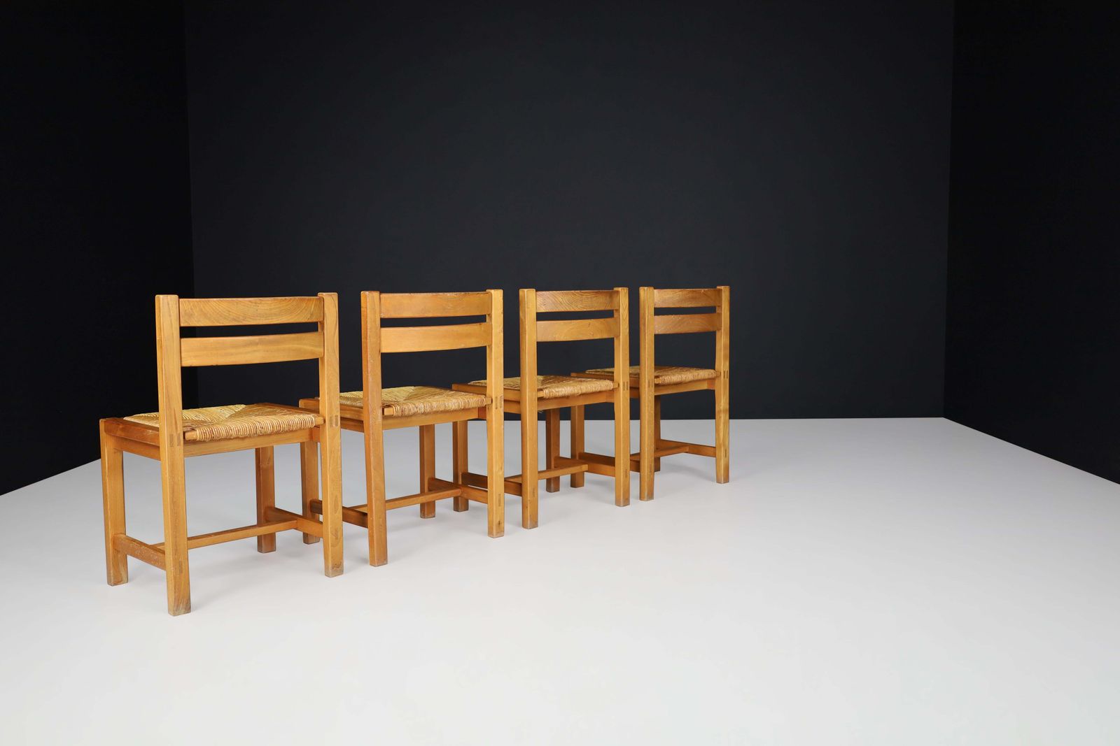 Set Of 4 Mid Century Modern Elm And Rush Dining Chairs By Maison Regain, France photo 2848.0