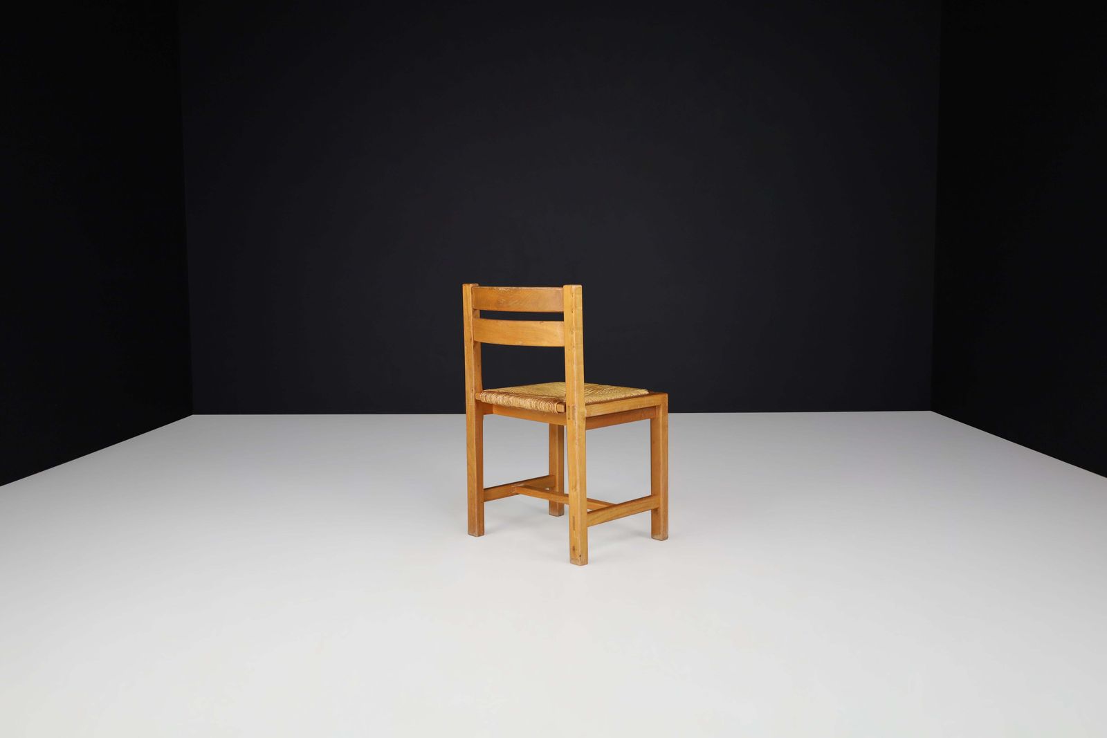 photo furniture Set Of 4 Mid Century Modern Elm And Rush Dining Chairs By Maison Regain, France