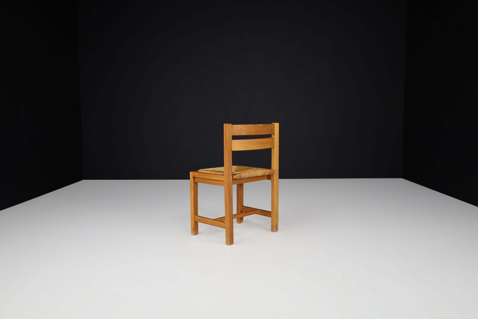 photo for sale Set Of 4 Mid Century Modern Elm And Rush Dining Chairs By Maison Regain, France