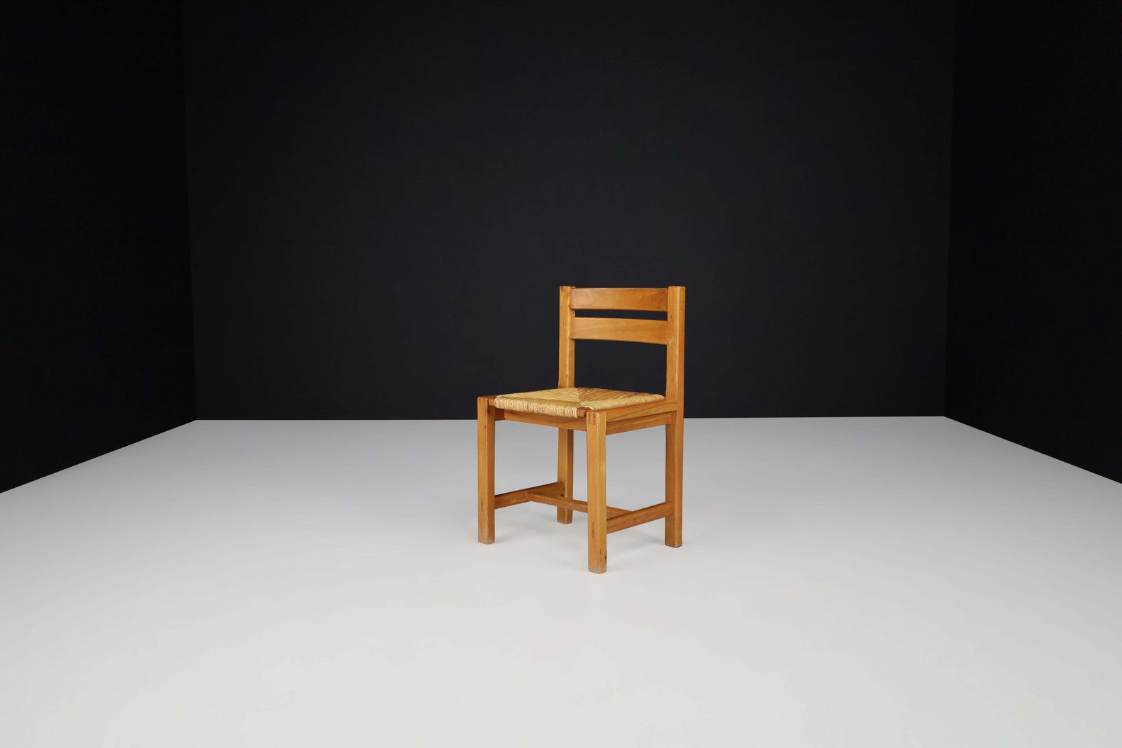 2848.0 Set Of 4 Mid Century Modern Elm And Rush Dining Chairs By Maison Regain, France photo
