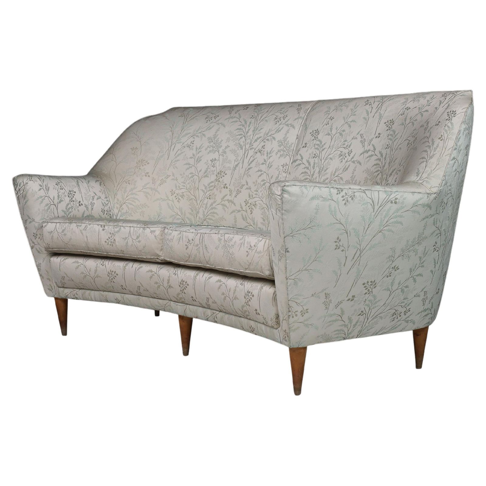 Mid Century Sofa In Leaf Motif Fabric And Tapered Wooden Legs, Italy, 1950s
