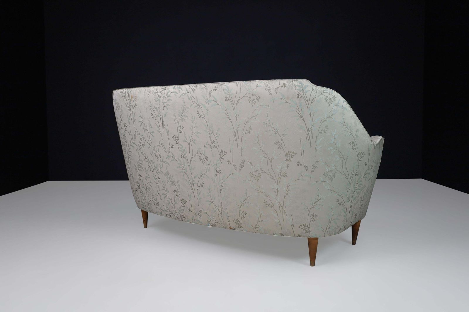 Mid Century Sofa In Leaf Motif Fabric And Tapered Wooden Legs, Italy, 1950s photo buy