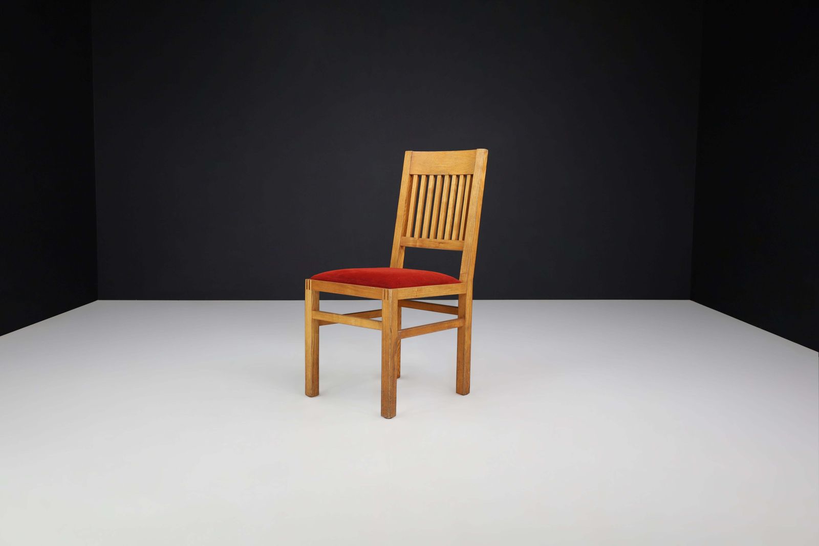 Furniture Blonde Oak And Crimson Red Velvet Dining Room Chairs The Netherlands 1970s Set/6 photo