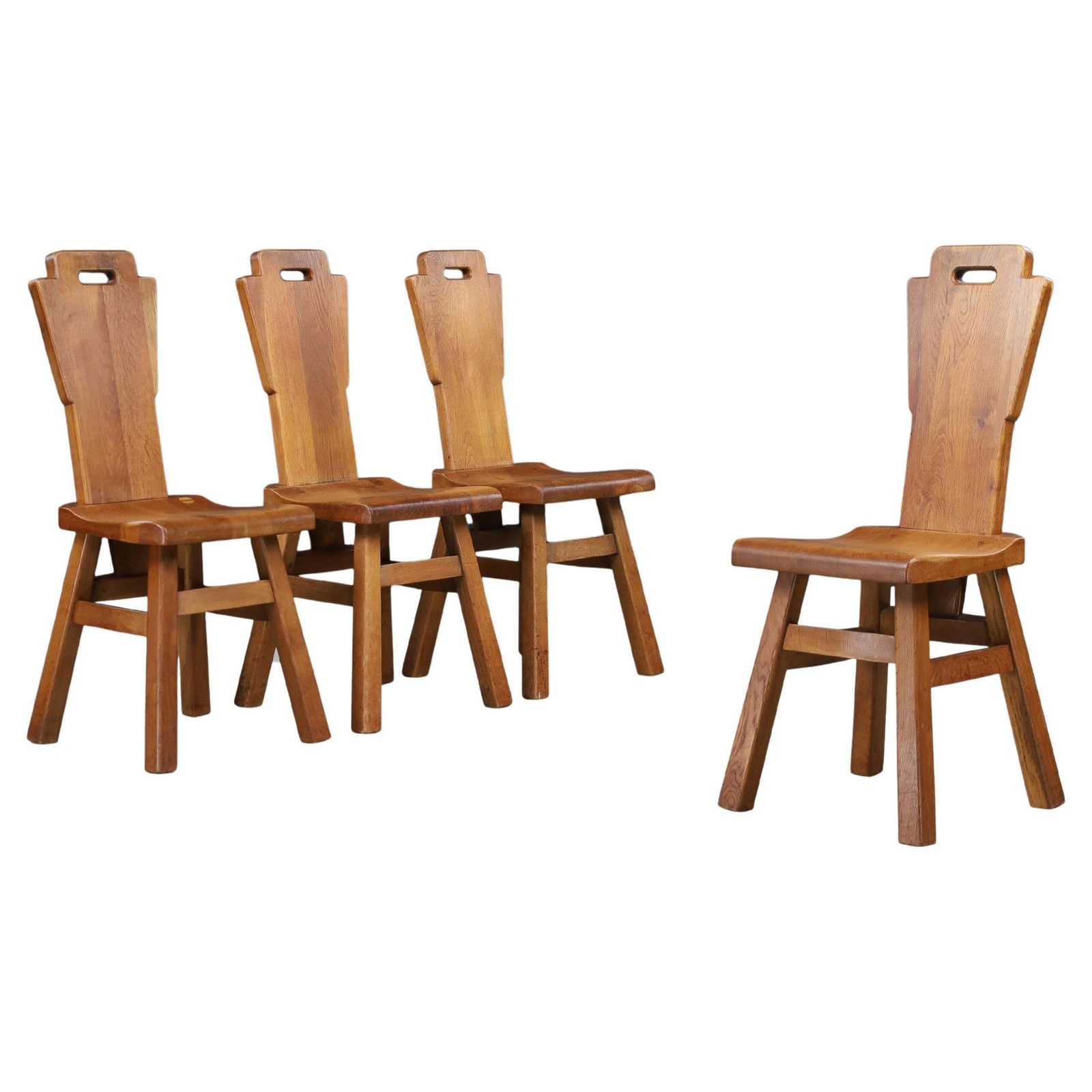 Set Of Four Brutalist Oak Dining Chairs, Belgium, 1960s