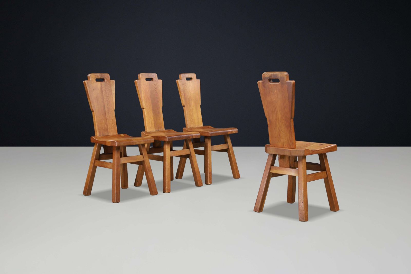 Set Of Four Brutalist Oak Dining Chairs, Belgium, 1960s photo Furniture