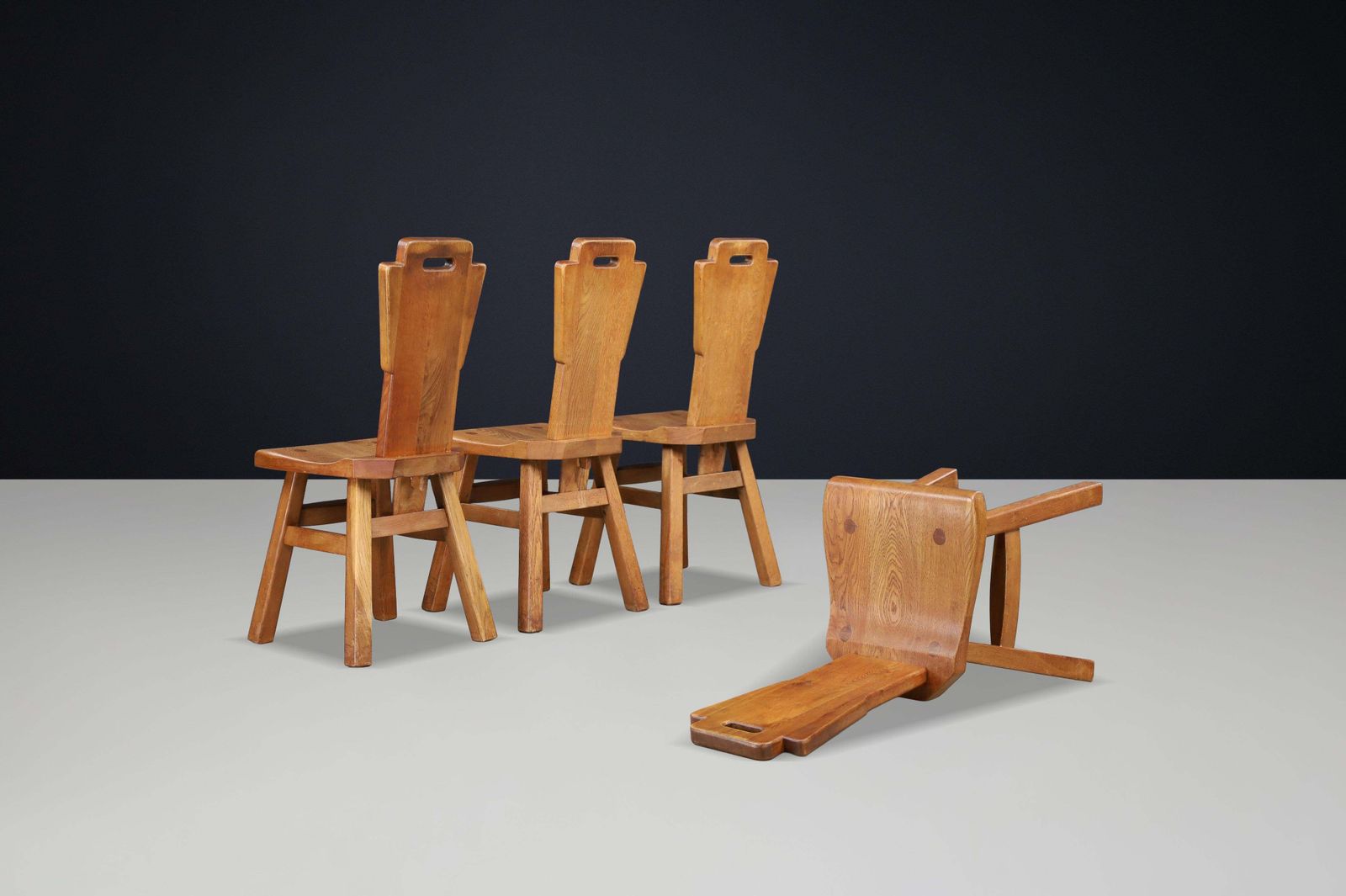 Set Of Four Brutalist Oak Dining Chairs, Belgium, 1960s photo 3000.0