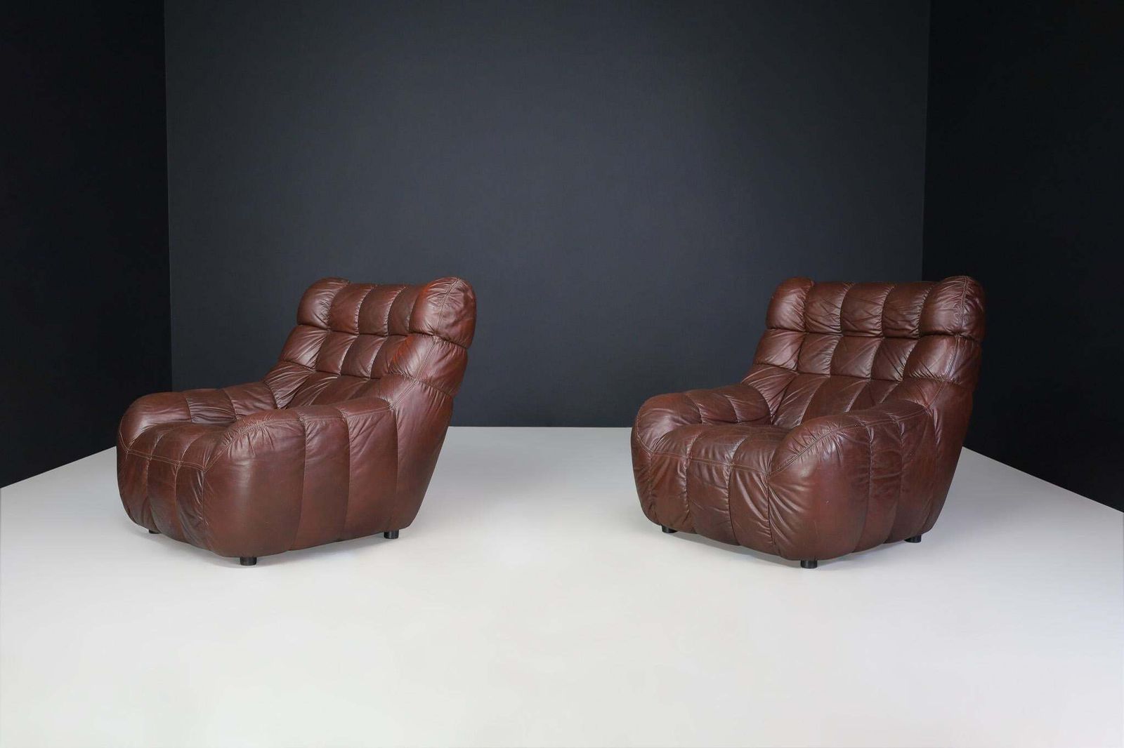 Pair Of Mid Century Modern Leather Lounge Chairs, France, 1970s photo for sale