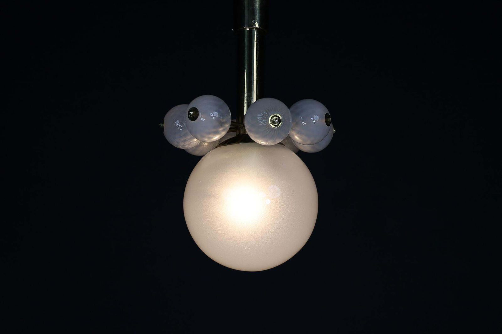 Lighting Large Set Chandeliers With Brass Fixture And Hand Blowed Frosted Glass Globes photo