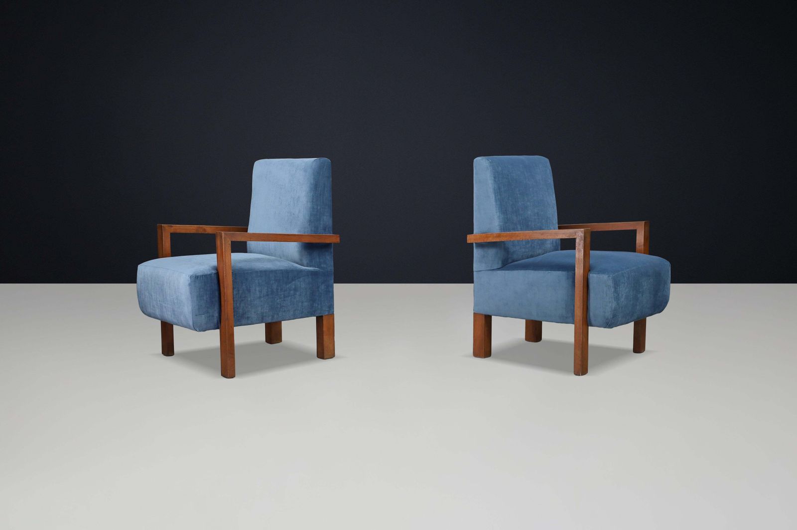 Pair Of Giovanni Michelucci Armchairs In Blue Velvet, Italy, 1940s photo for sale