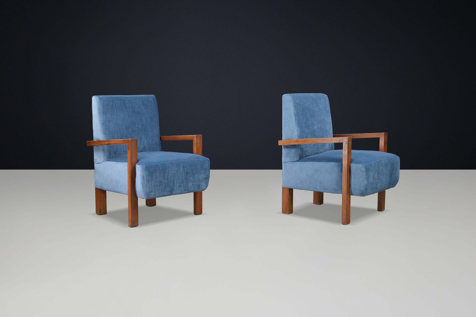 Pair Of Giovanni Michelucci Armchairs In Blue Velvet, Italy, 1940s photo vintage