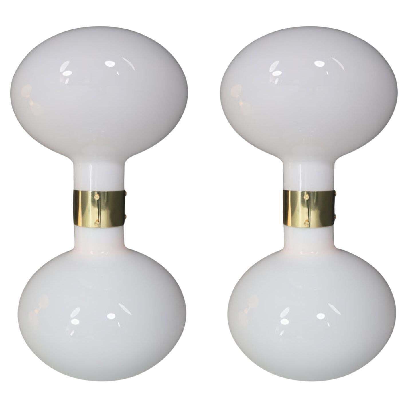 Pair Of Two Brass And Opaline Glass Floor Table Lamps, Italy 1970s