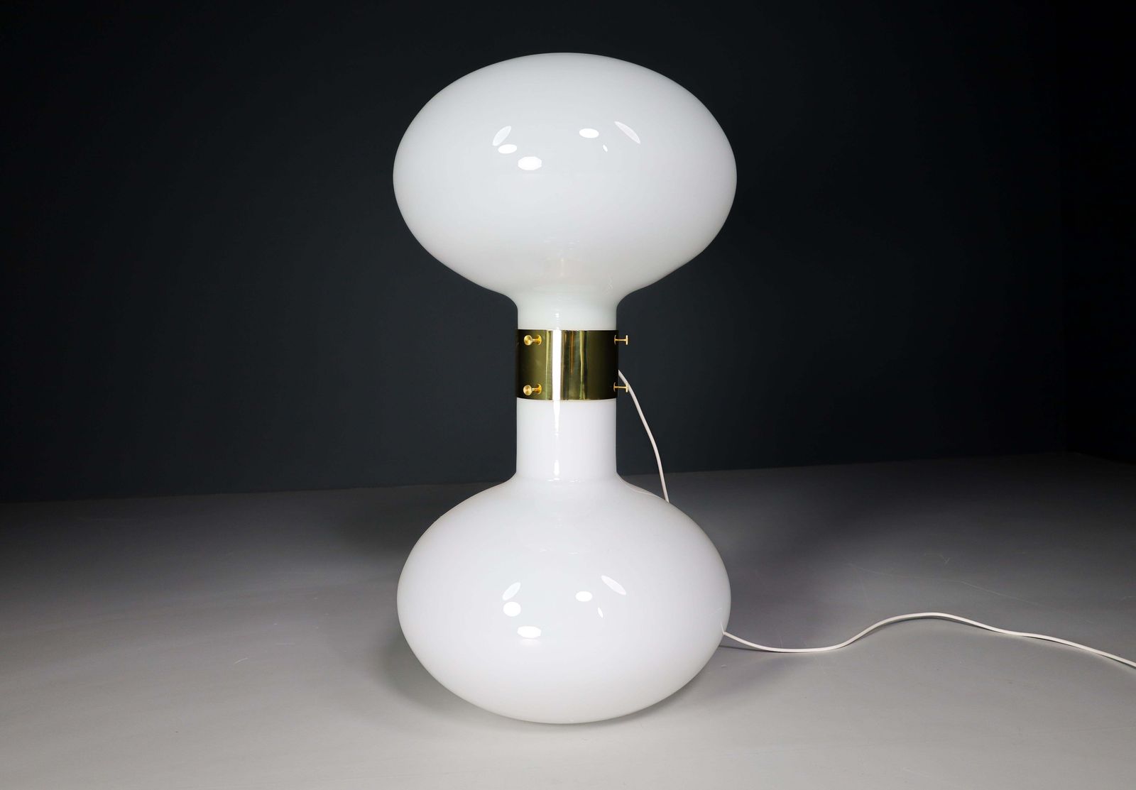 Pair Of Two Brass And Opaline Glass Floor Table Lamps, Italy 1970s photo Lighting