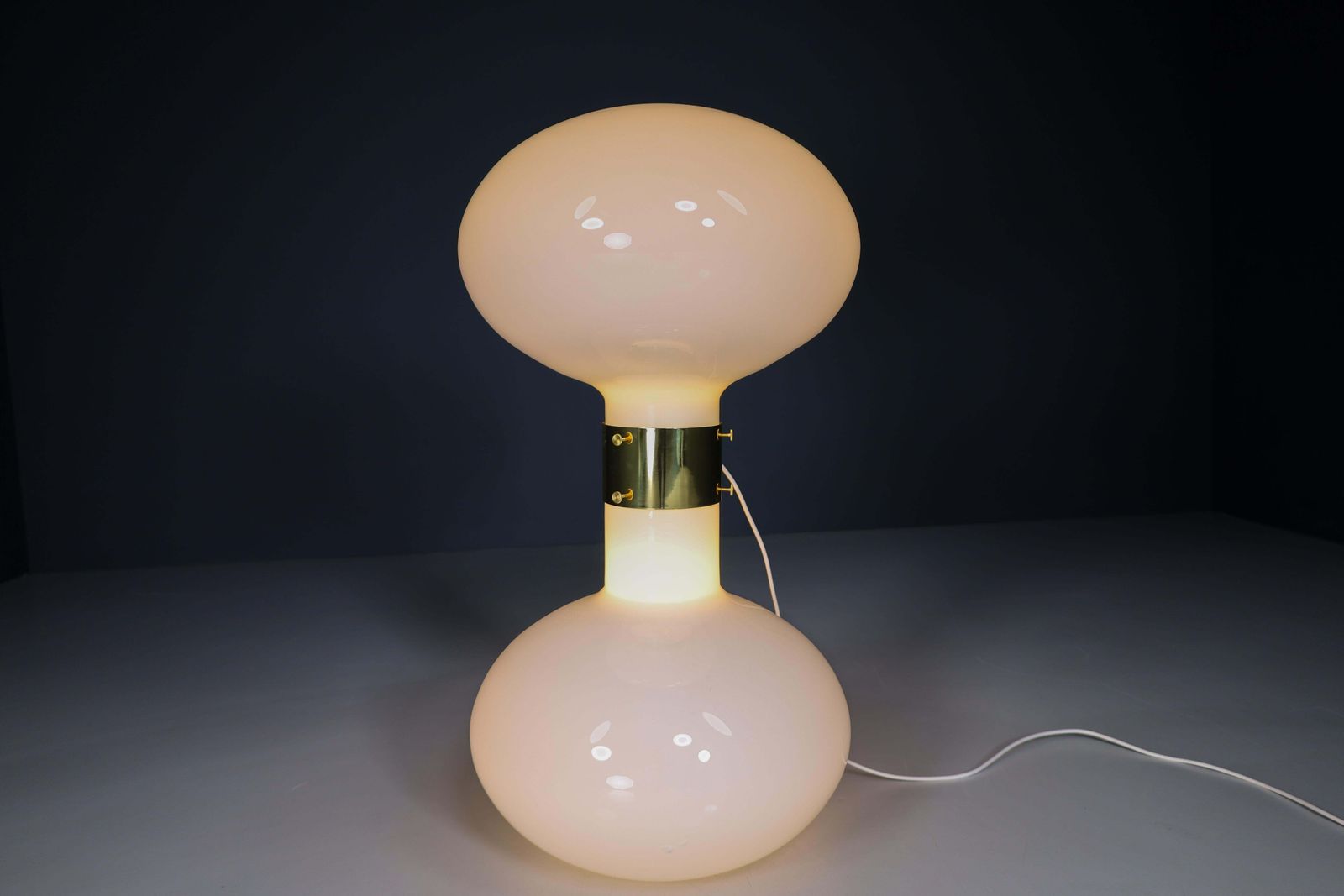 Pair Of Two Brass And Opaline Glass Floor Table Lamps, Italy 1970s photo 5580.0