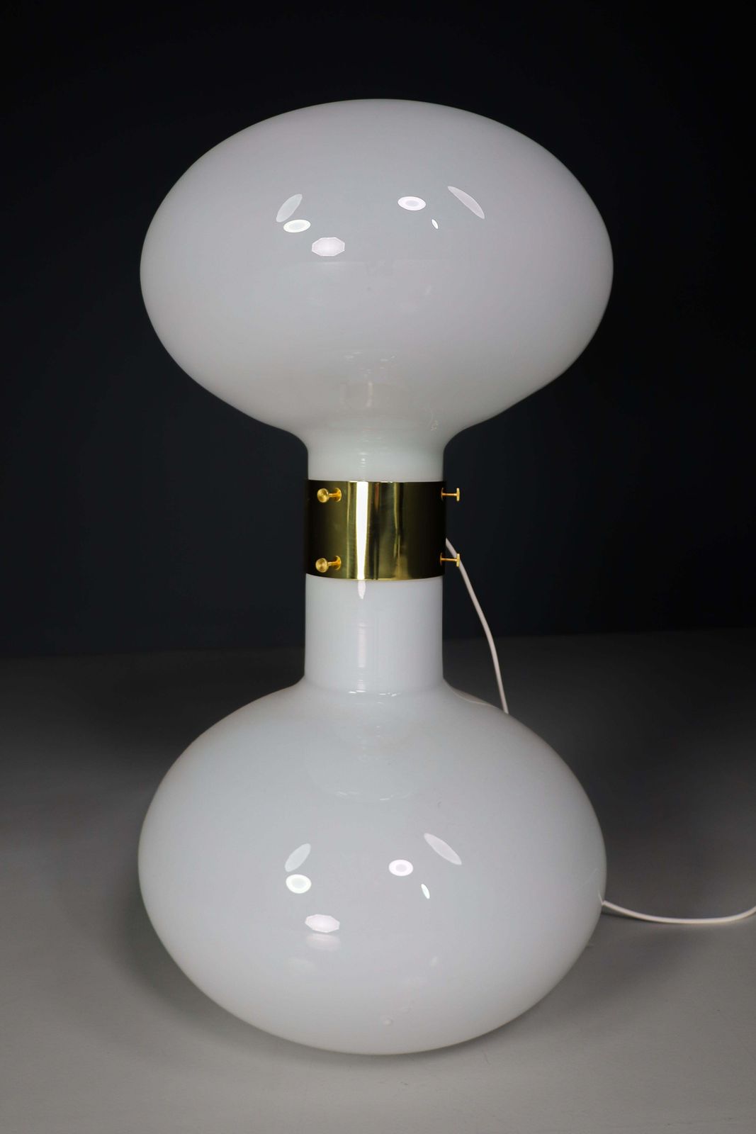 Pair Of Two Brass And Opaline Glass Floor Table Lamps, Italy 1970s photo vinterior