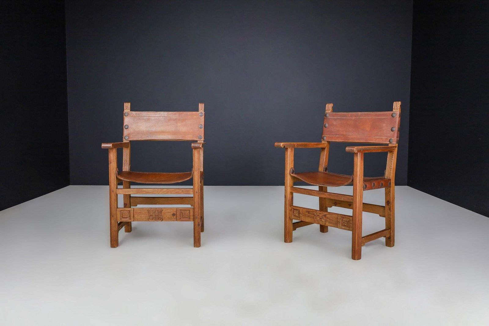 Provincial Mid Century Armchairs In Patinated Cognac Saddle Leather, France 1950 photo 2544.0