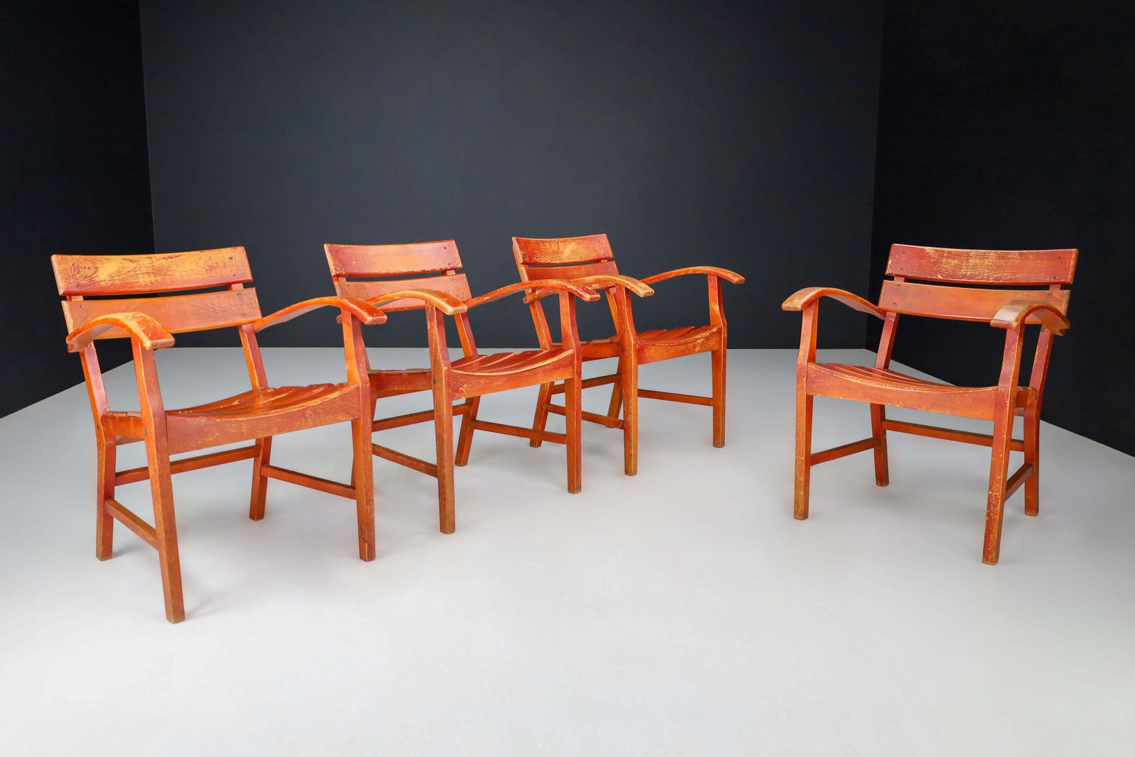 Midcentury Patinated French Oak Garden Armchairs, France 1950s photo furniture