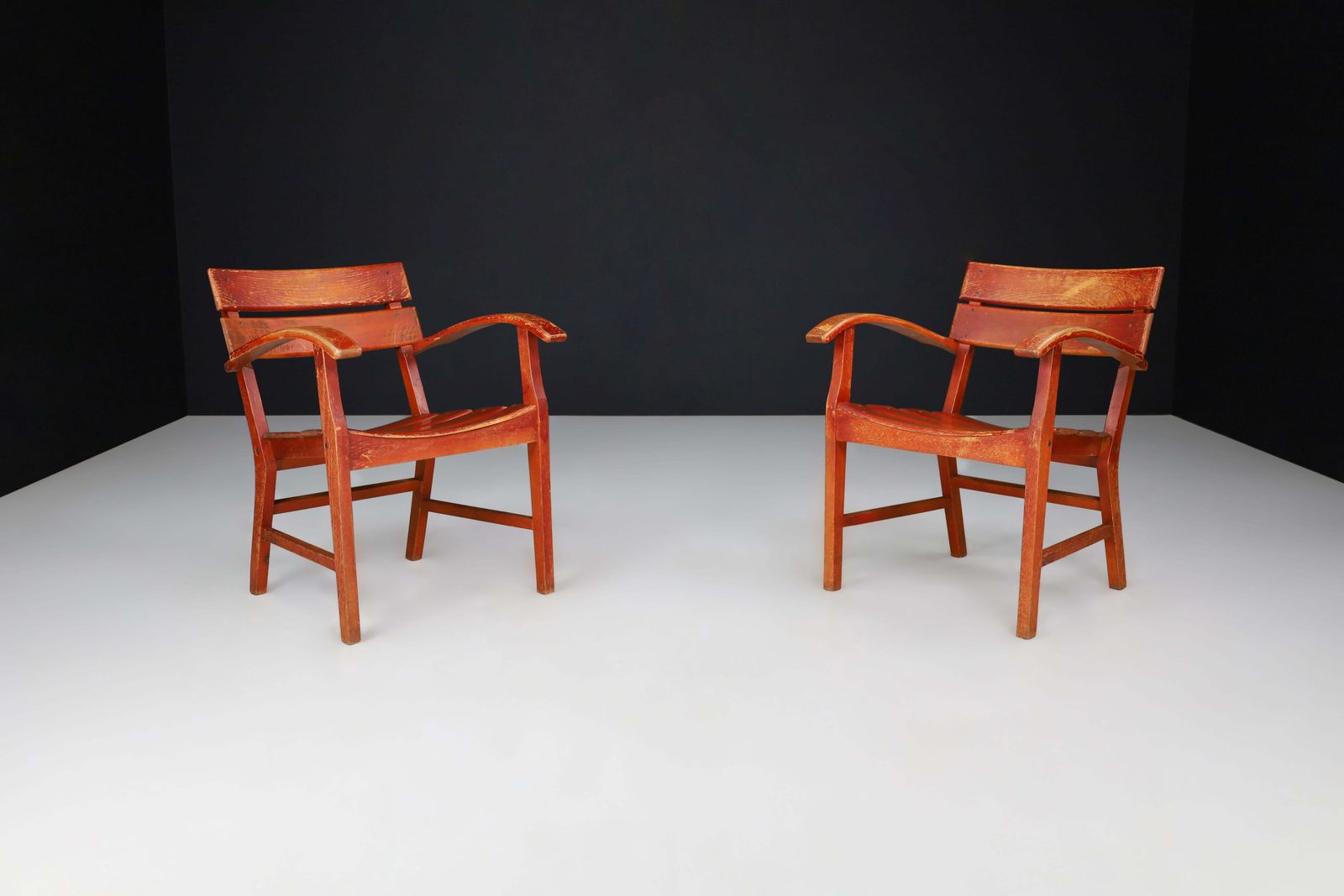 Midcentury Patinated French Oak Garden Armchairs, France 1950s photo buy
