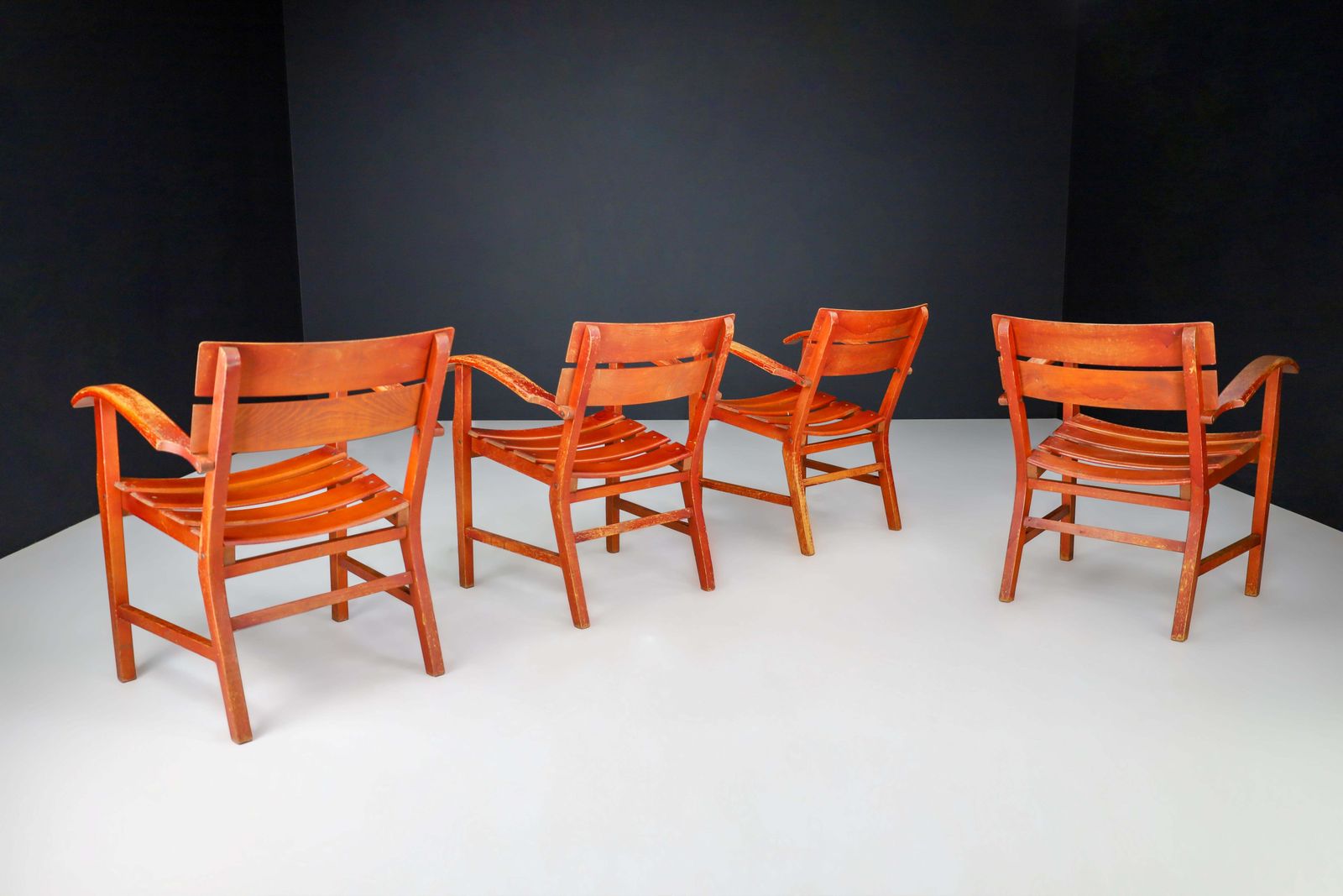 photo furniture Midcentury Patinated French Oak Garden Armchairs, France 1950s
