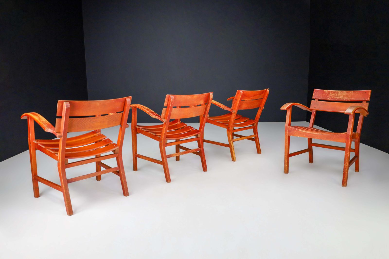 photo for sale Midcentury Patinated French Oak Garden Armchairs, France 1950s