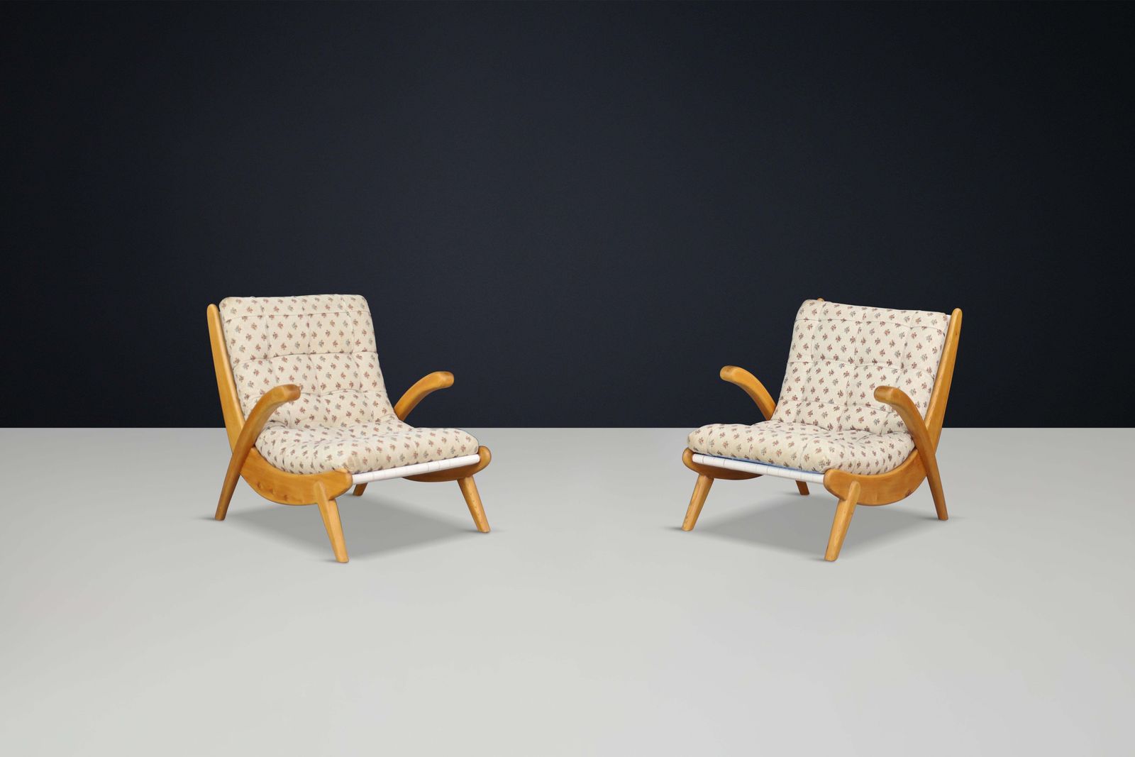Jan Vanek's Curved Easy Chairs Curved Oak, Canvas And Original Upholstery 1950 photo furniture