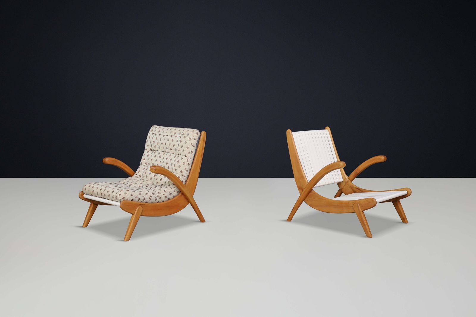 Jan Vanek's Curved Easy Chairs Curved Oak, Canvas And Original Upholstery 1950 photo for sale