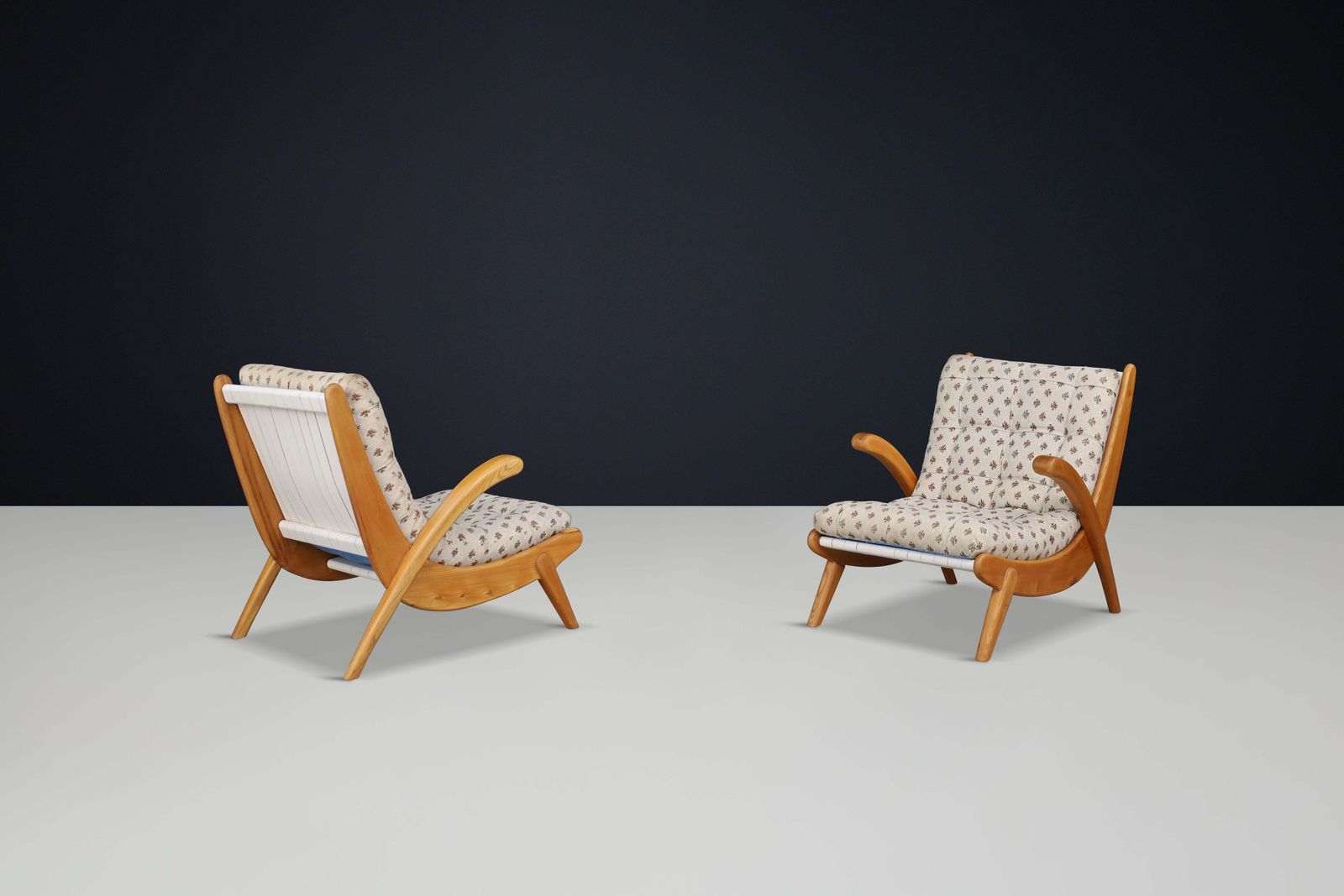 Jan Vanek's Curved Easy Chairs Curved Oak, Canvas And Original Upholstery 1950 photo Furniture
