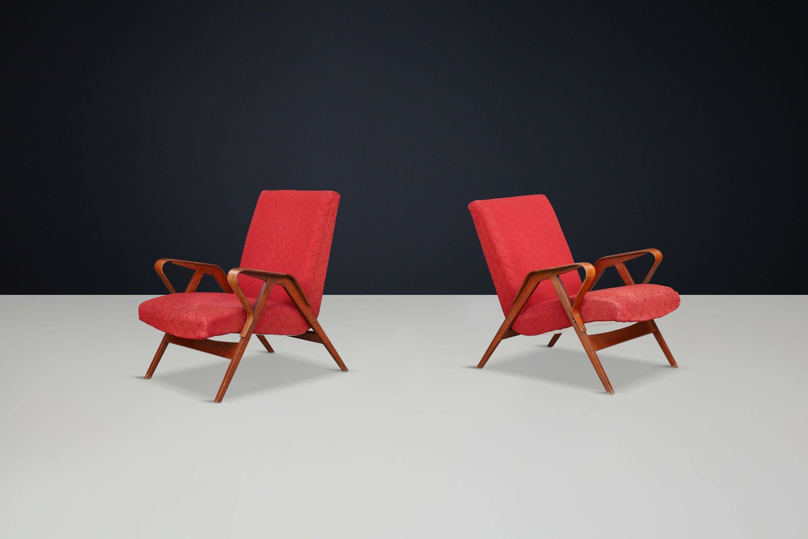 Pair Of Sculptural Lounge Chairs By František Jirák For Tatra Nabytok, 1950s photo furniture