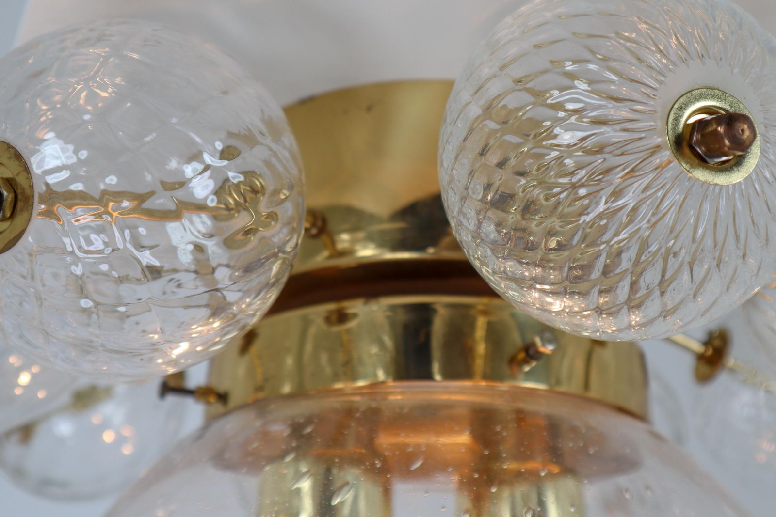 Large Set Midcentury Brass Ceiling Lamp Chandeliers With Hand Blown Glass, 1960s photo Lighting