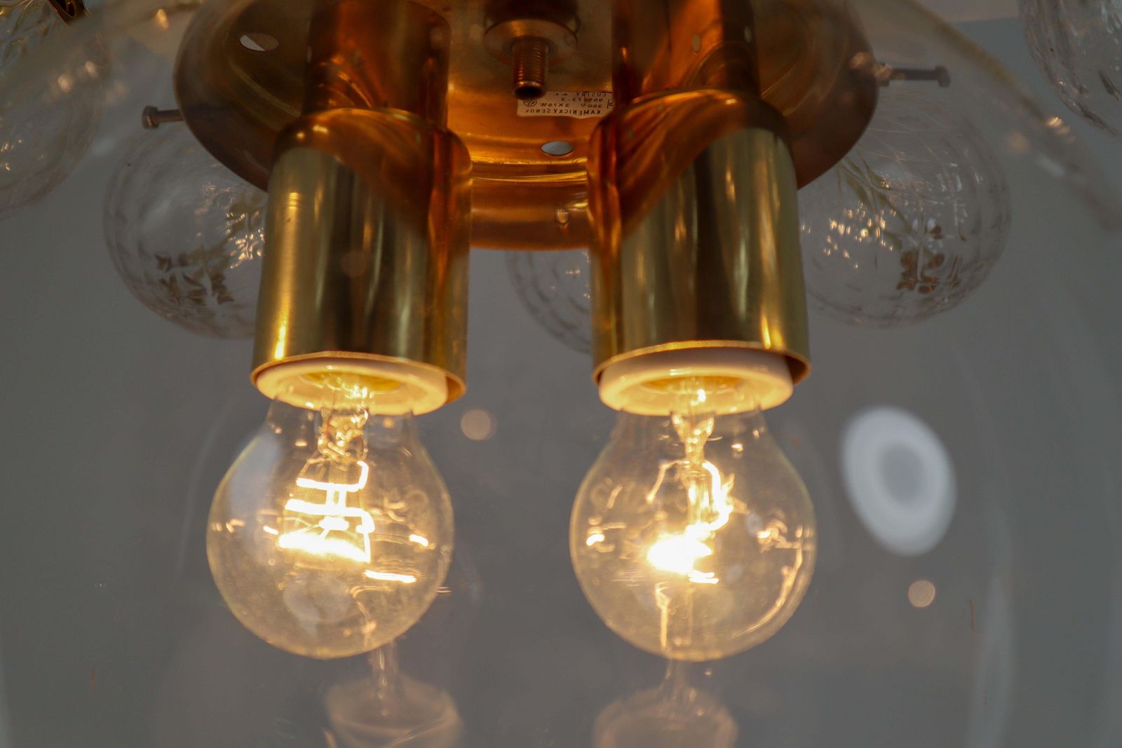Large Set Midcentury Brass Ceiling Lamp Chandeliers With Hand Blown Glass, 1960s photo vinterior