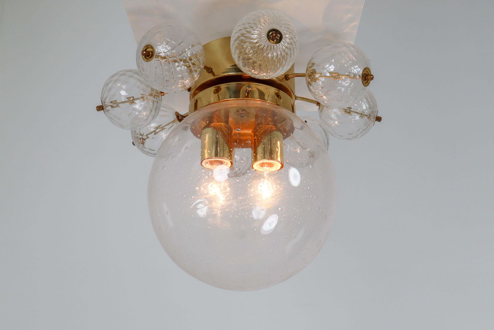 Large Set Midcentury Brass Ceiling Lamp Chandeliers With Hand Blown Glass, 1960s photo buy