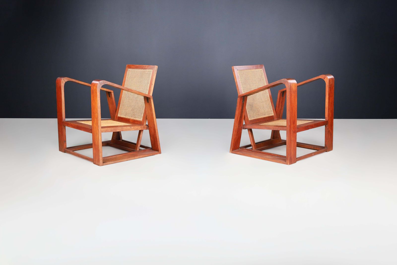Mid Century Teak And Cane Lounge Chairs From France, 1950s photo furniture