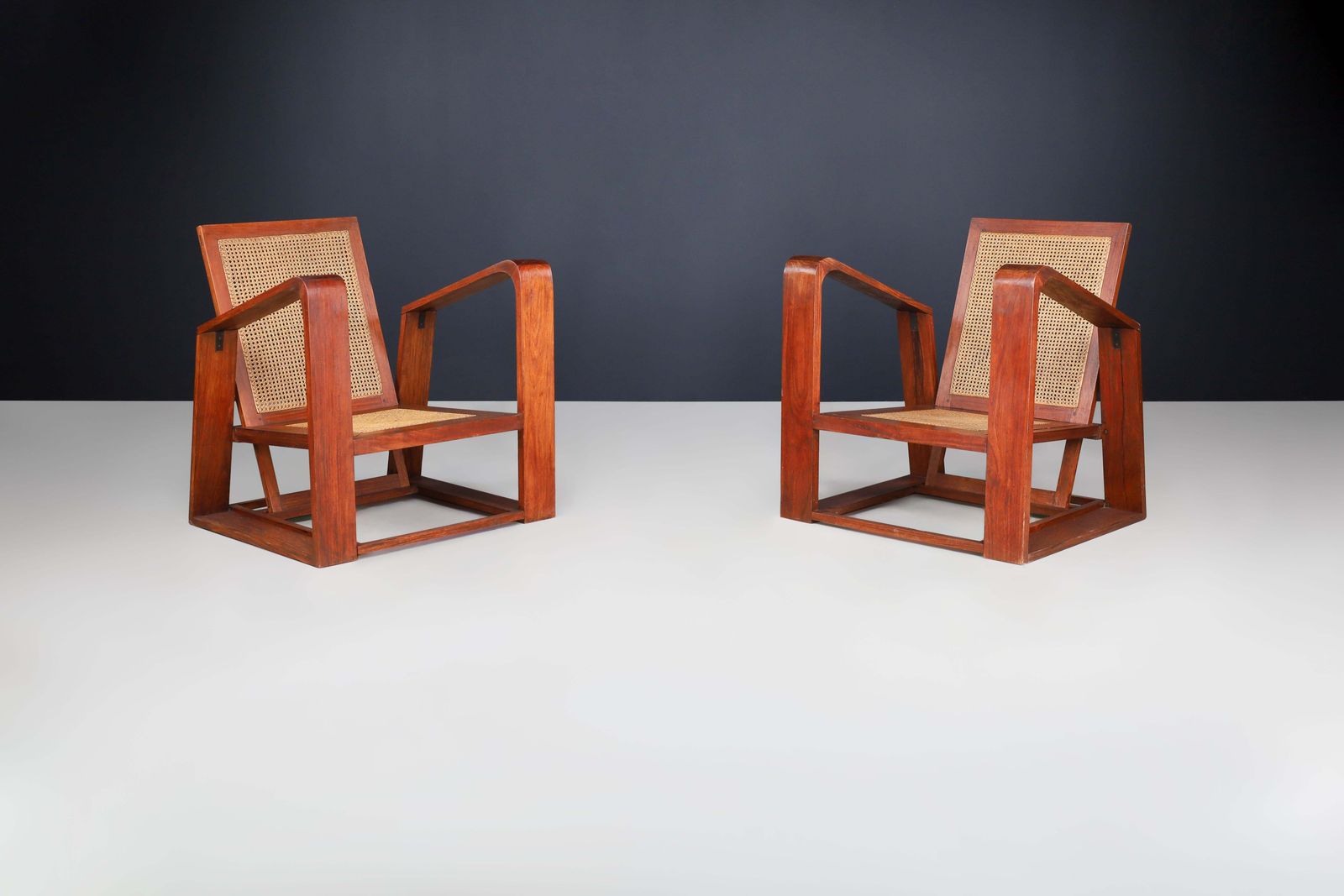 Mid Century Teak And Cane Lounge Chairs From France, 1950s photo for sale