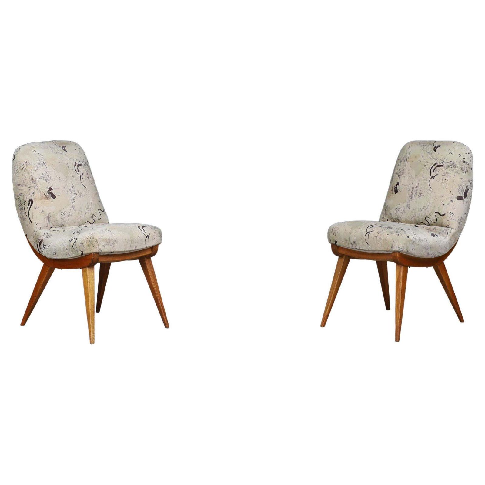 Pair Of Mid Century Modern Easy Chairs In Beech And Original Upholstery 1960s