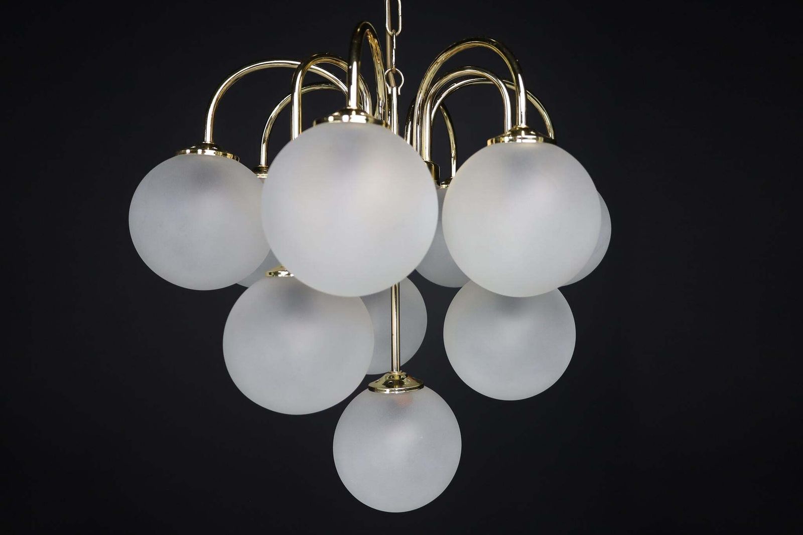 Chandelier In Frosted Hand Blown Glass Globes & Brass, Italy, 1970s photo Lighting