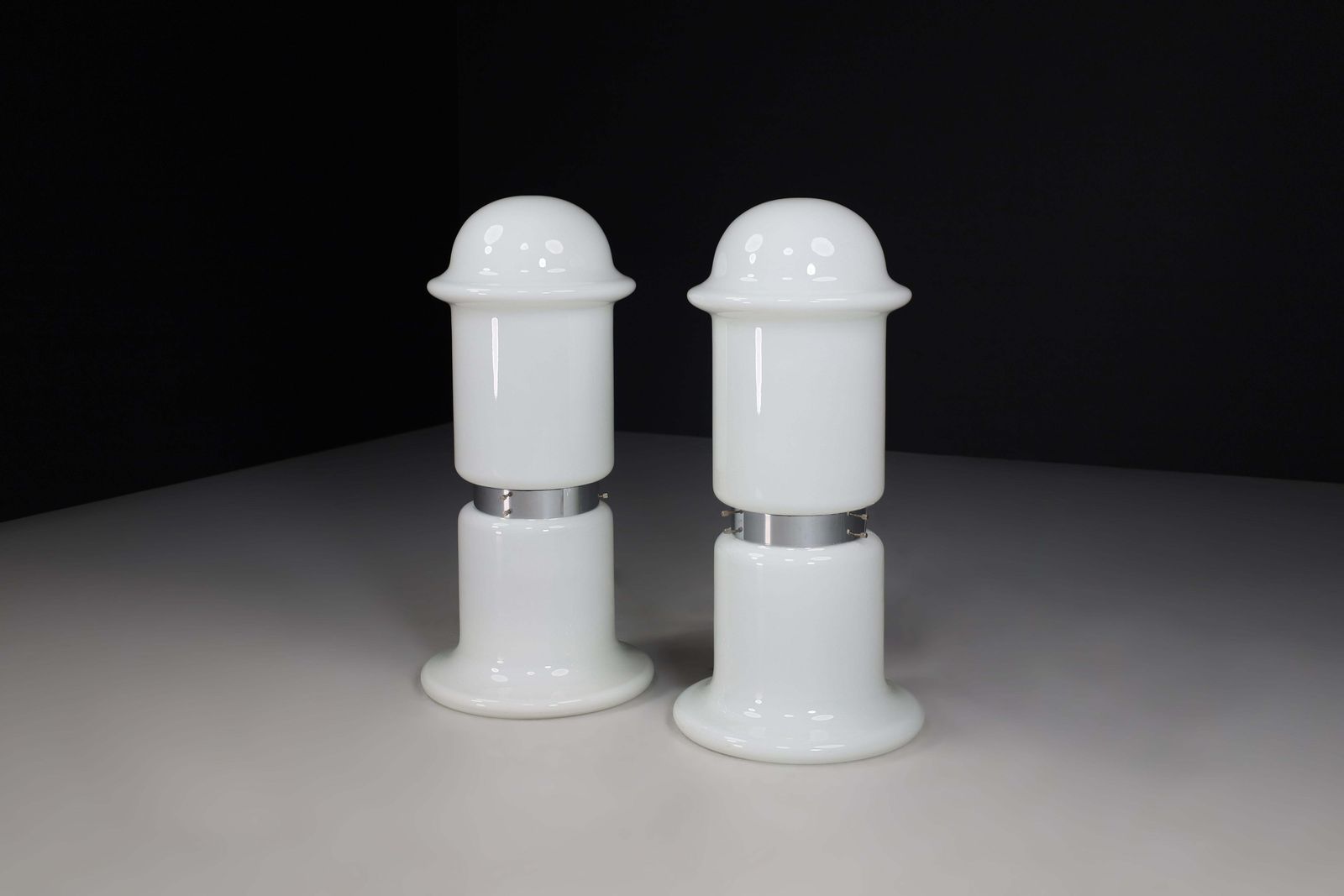Pair Of Two Chrome And Opaline Glass Floor Table Lamps, Italy, 1970s photo for sale